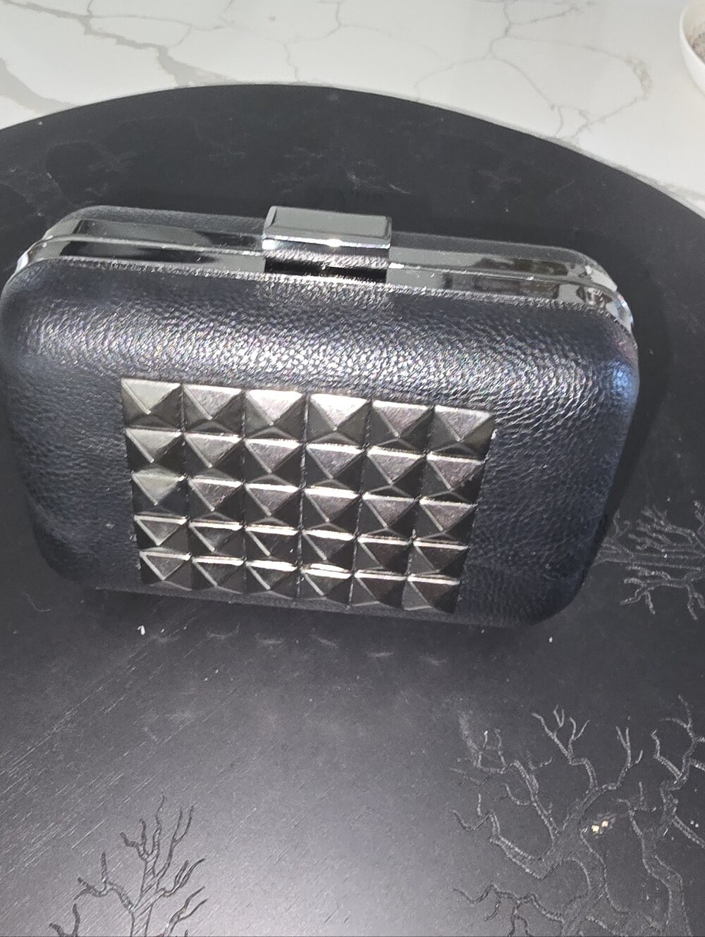 Gothic Studded Box Clutch Bag with Skull & Heart Interior Lining